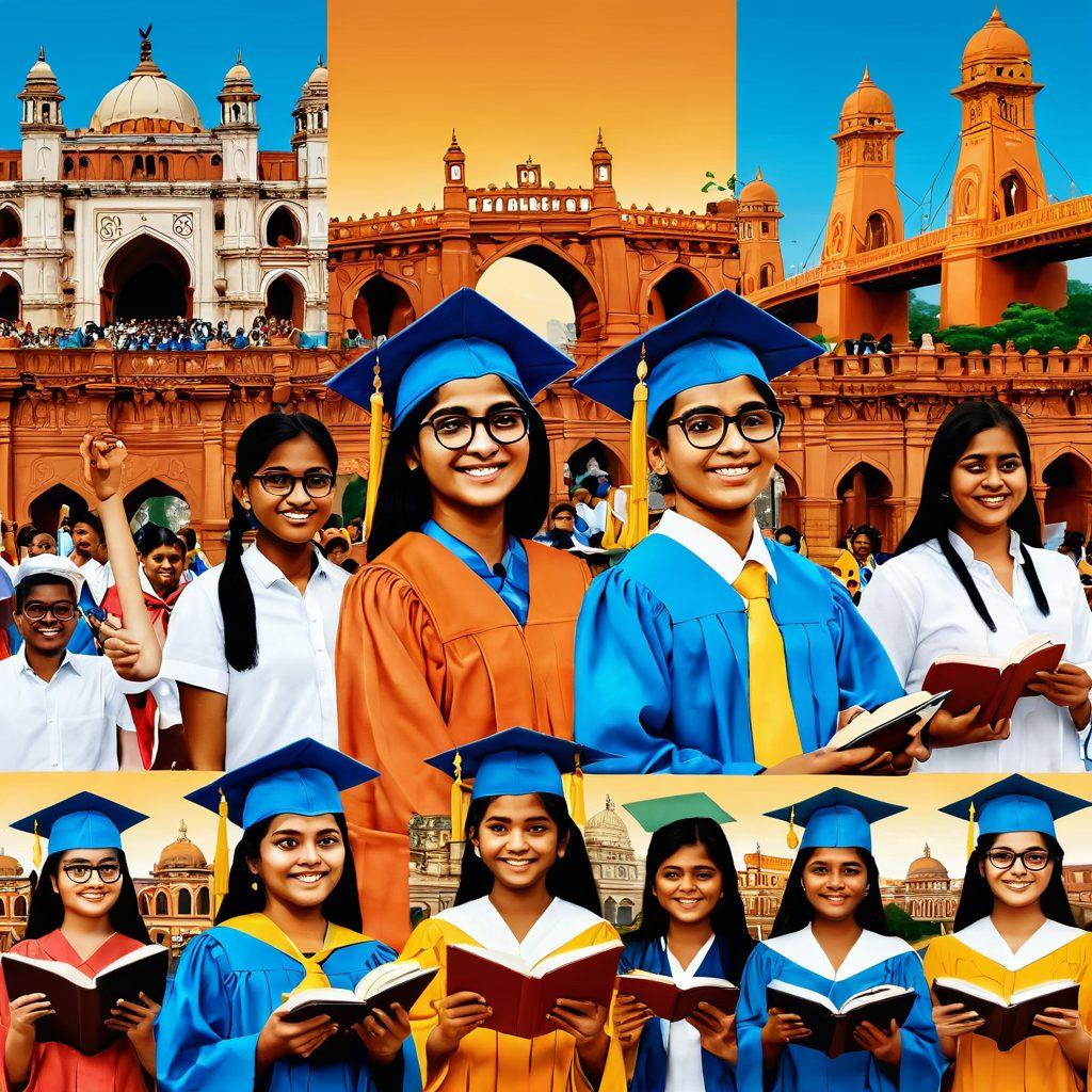A vibrant collage showcasing diverse West Bengal students celebrating scholarship successes, surrounded by iconic landmarks like the Howrah Bridge and terracotta temples. Incorporate symbols of education, such as books and graduation caps, alongside supportive hands offering encouragement. The atmosphere should be filled with optimism and ambition, reflecting the promise of education. bright colors. digital art. inspiring.