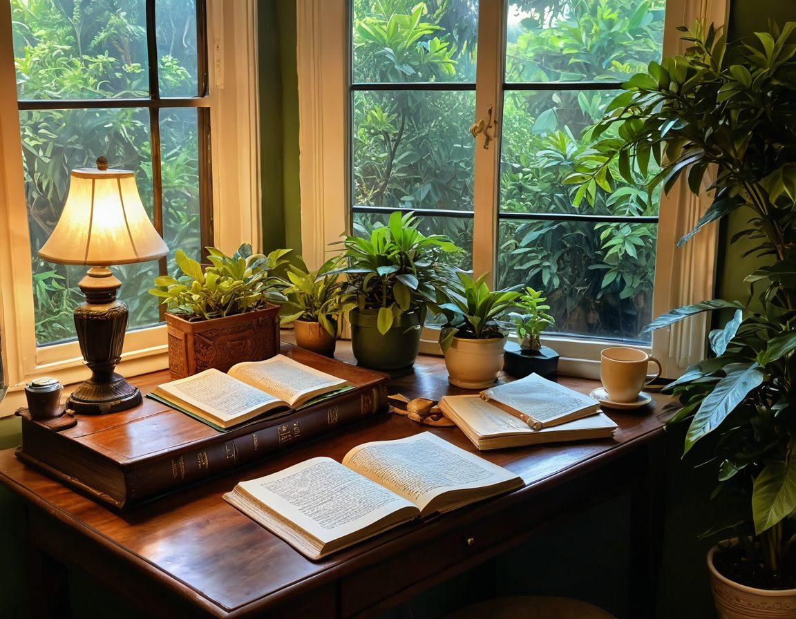A cozy study nook featuring a wooden desk with open books, colorful study notes, and a steaming cup of chai, surrounded by lush green plants that signify West Bengal's rich flora. A soft glow from a desk lamp highlights a wall with motivational quotes in Bengali. A window shows a glimpse of a serene village landscape. warm colors. vibrant details. super-realistic.