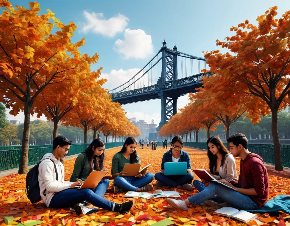 A vibrant scene depicting a diverse group of students studying together outdoors at a university campus in West Bengal, surrounded by books, laptops, and digital tools. Include iconic landmarks of West Bengal in the background, such as the Howrah Bridge, to emphasize the region. The atmosphere should convey inspiration and collaboration, with colorful autumn leaves falling around them. super-realistic. vibrant colors. 3D.
